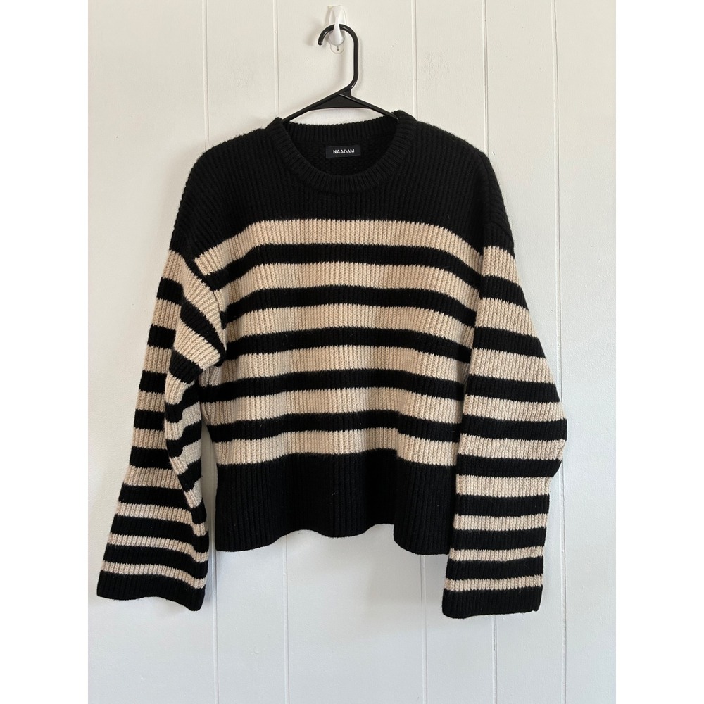 NAADAM Striped Crew Neck Sweater in Black and Cream